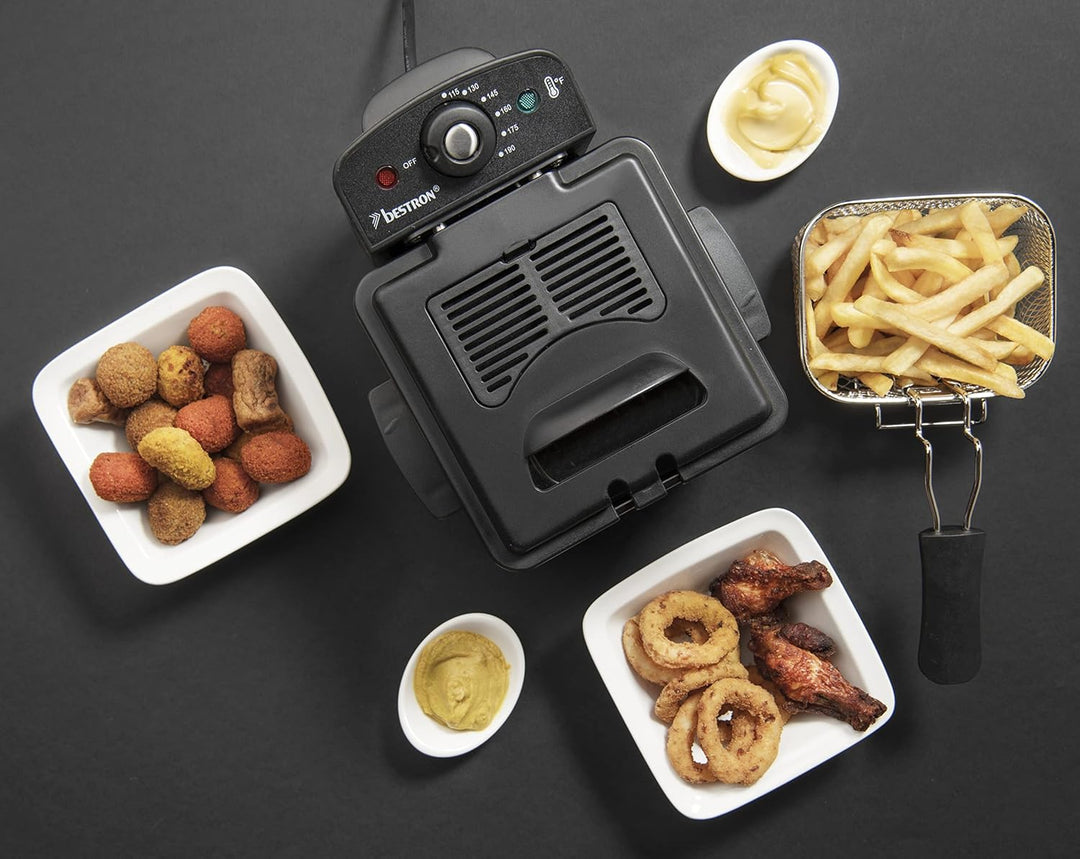 Bestron Öl-Fritteuse, Mini Fritteuse für 1 Portion Pommes, Fisch oder Nuggets, inkl. Kaltzonentechno