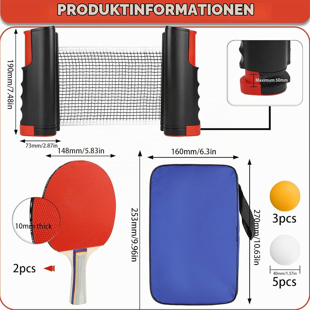 CHRI Tischtennis Set Tischtennisschläger Set mit Einziehbarem Netz 2 Tischtennisschläger 6 Tischtenn