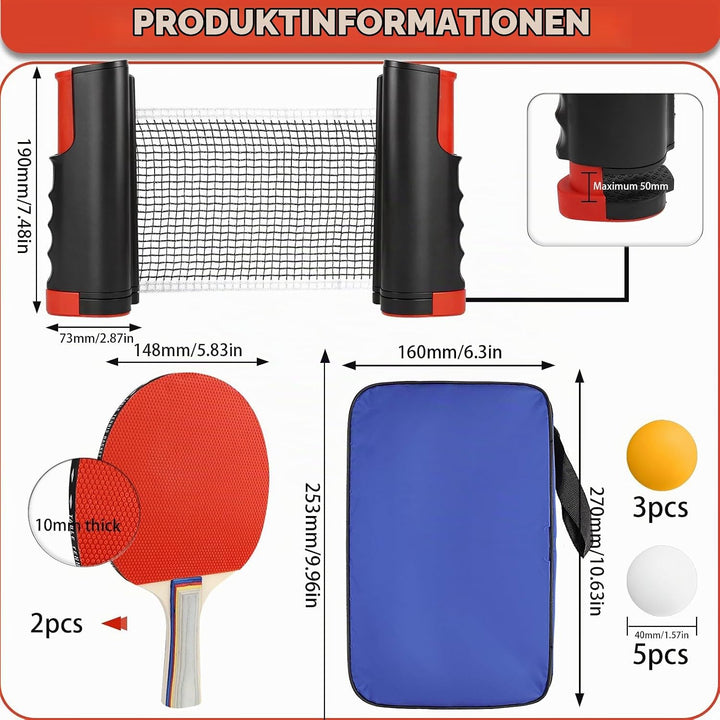 CHRI Tischtennis Set Tischtennisschläger Set mit Einziehbarem Netz 2 Tischtennisschläger 6 Tischtenn
