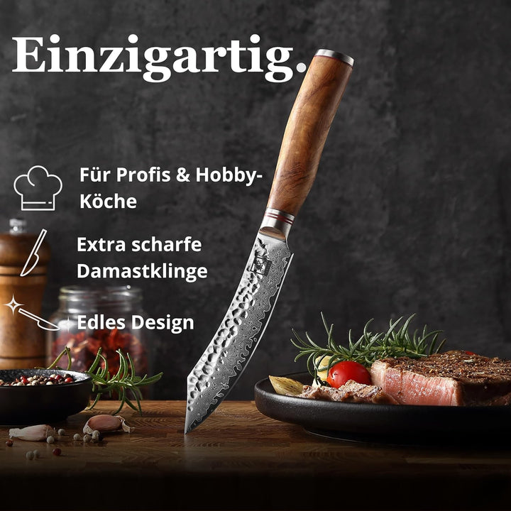zayiko Minami Damast Steakmesser mit 12 cm Klinge aus 67 Lagen Damaststahl, VG10 Kern, Hammerschlag,