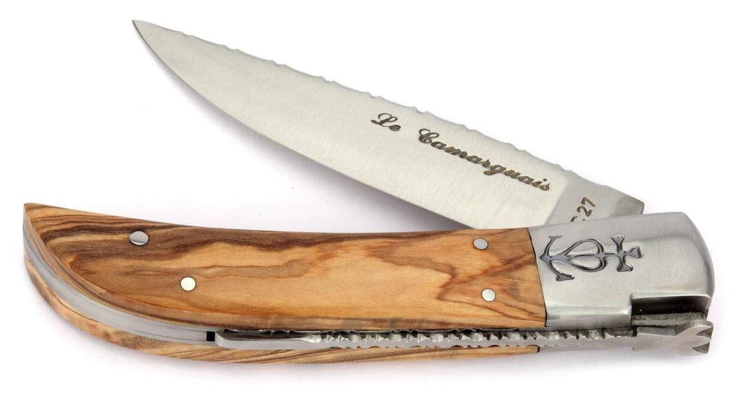Le Camarguais 12 cm Taschenmesser 20007C - Griffschalen Oliven-Holz - Klinge 10 cm Stahl 12C27-1 Bac