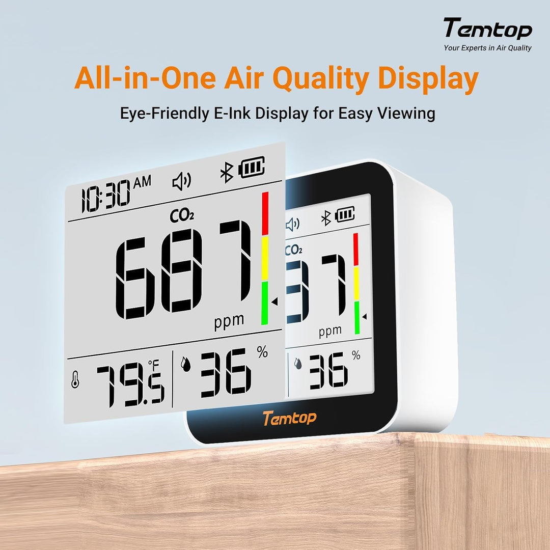 Temtop CO2 Bluetooth Messgerät Raumluft Mit App-Verbindung, Echtzeit CO2 Überwachung, Temperatur & L