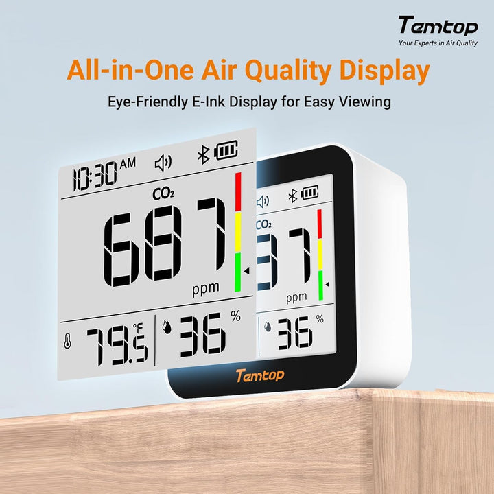 Temtop CO2 Bluetooth Messgerät Raumluft Mit App-Verbindung, Echtzeit CO2 Überwachung, Temperatur & L