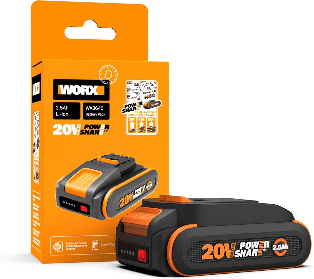 WORX WA3640 PowerShare Akku 20V - 2500mAh Li-Ion, wiederaufladbarer - kompakter Akku mit höher Siche