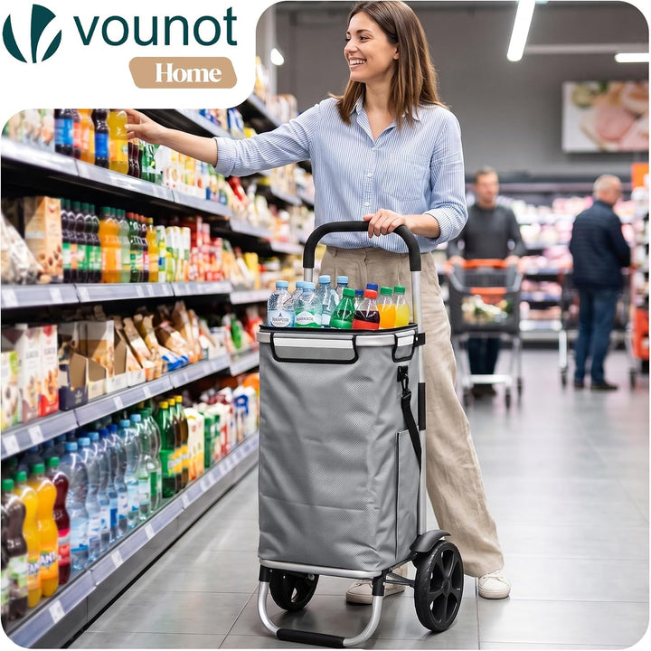 VOUNOT Einkaufstrolley Klappbar aus Aluminium mit 50L Wasserdichter Tasche und Kühlfach, 2 Extra gro