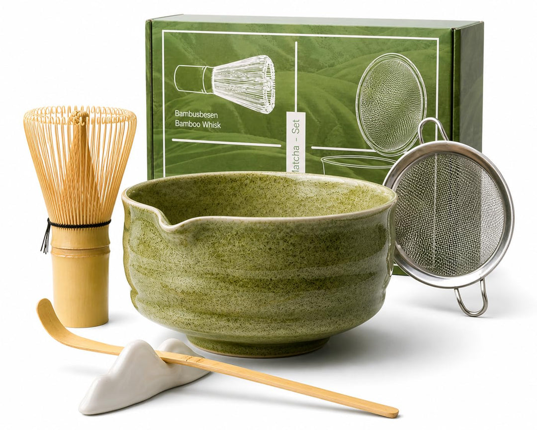 Matcha Set 7-Teilig, Japanisches Teezeremonie Set mit Keramikschale Bambus Besen, Sieb, Löffel, Halt