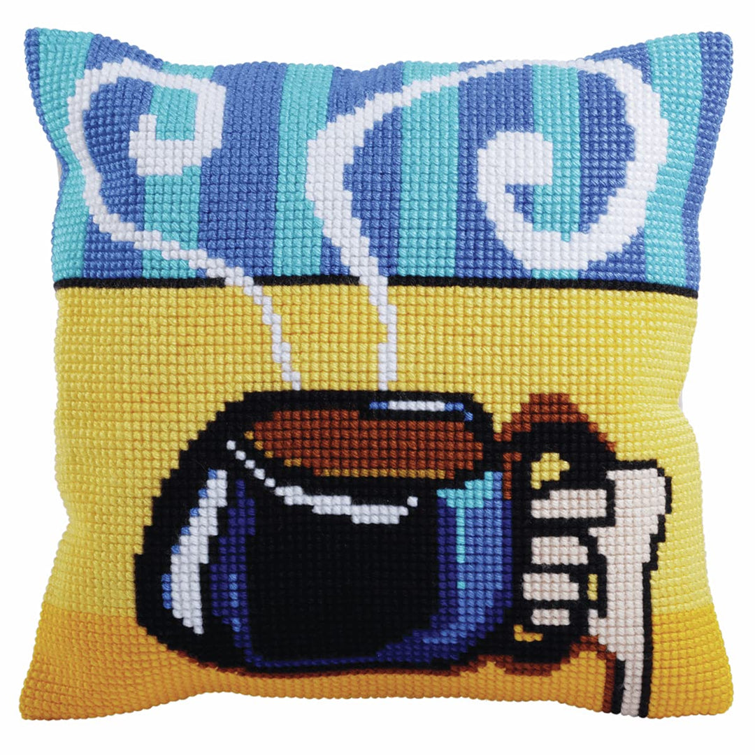 Collection d'Art 5280 Tasse Kaffee Kreuzstichkissen, Baumwolle, Mehrfarbig, 40x40cm, Tasse Kaffee