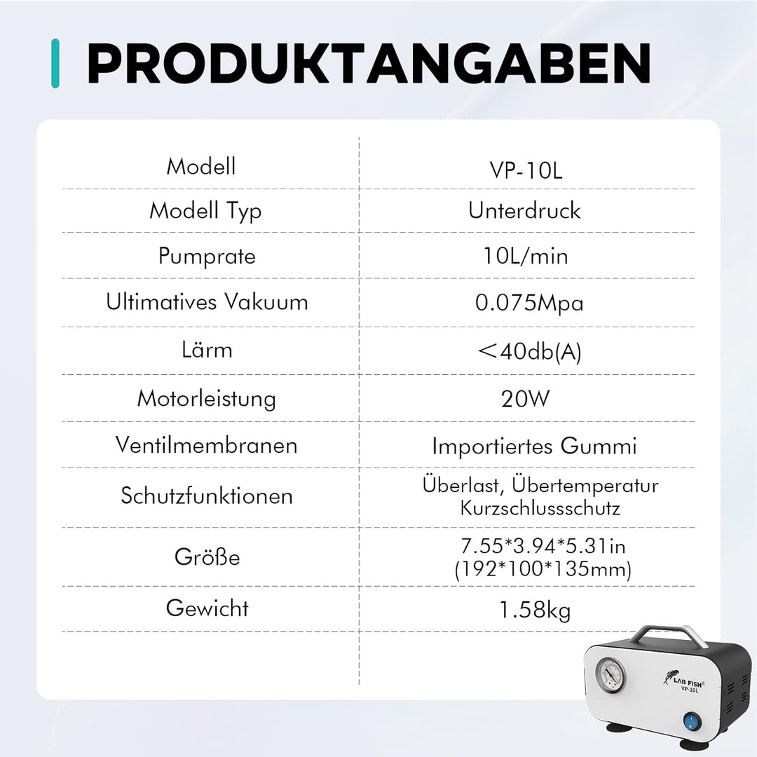 LABFISH Labor Vakuumpumpe Tragbare ölfreie Membran Vakuumpumpen Laborpumpen 10L/min mit Gummischlauc