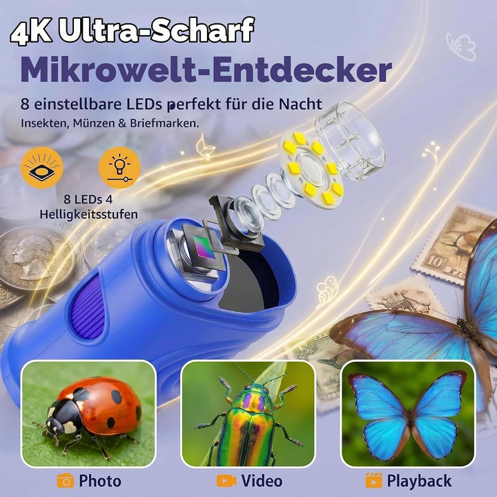Mikroskop für Kinder, 1000X 4K Digitales Mini-Mikroskop mit 2,4″ IPS-Display, 8 LED Licht, USB-aufla