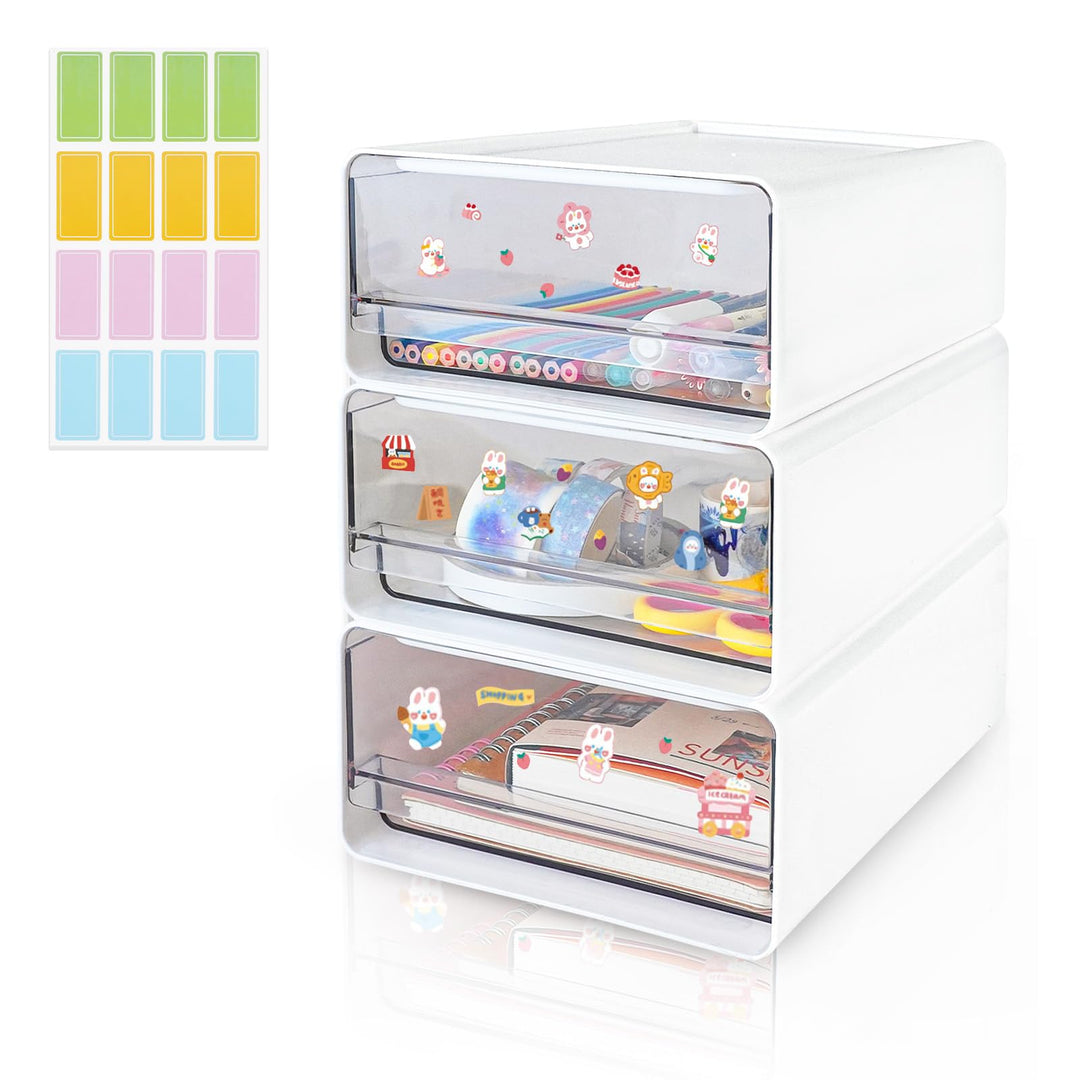 4 Stück Stapelbar Schreibtisch Organize mit 4 Schubladen, Transparent Weiss Schubladenboxen mit Etik