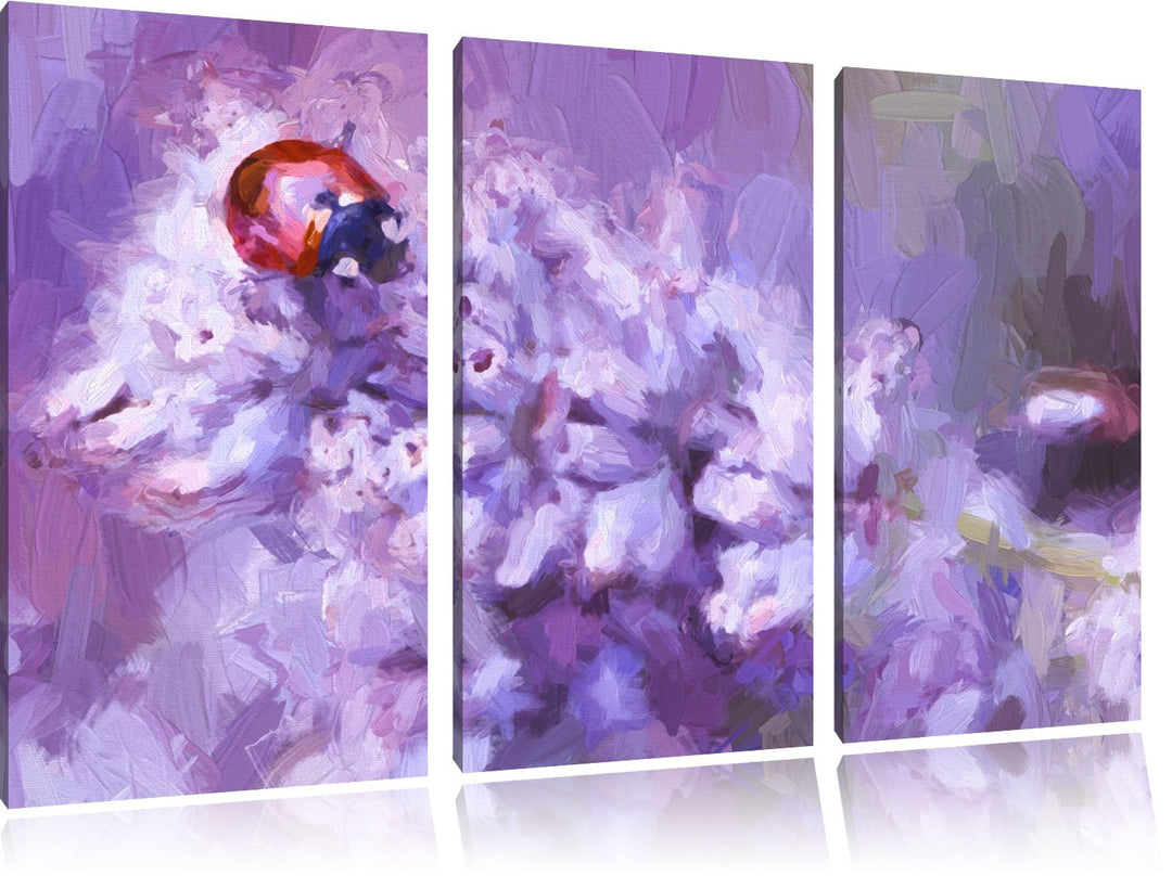 Pixxprint Marienkäfer auf Lavendel / 3-Teilig/Gesamtmass 120cm Leinwandbild bespannt auf Holzrahmen/