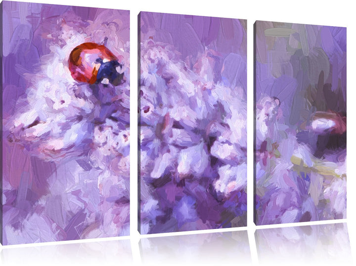 Pixxprint Marienkäfer auf Lavendel / 3-Teilig/Gesamtmass 120cm Leinwandbild bespannt auf Holzrahmen/