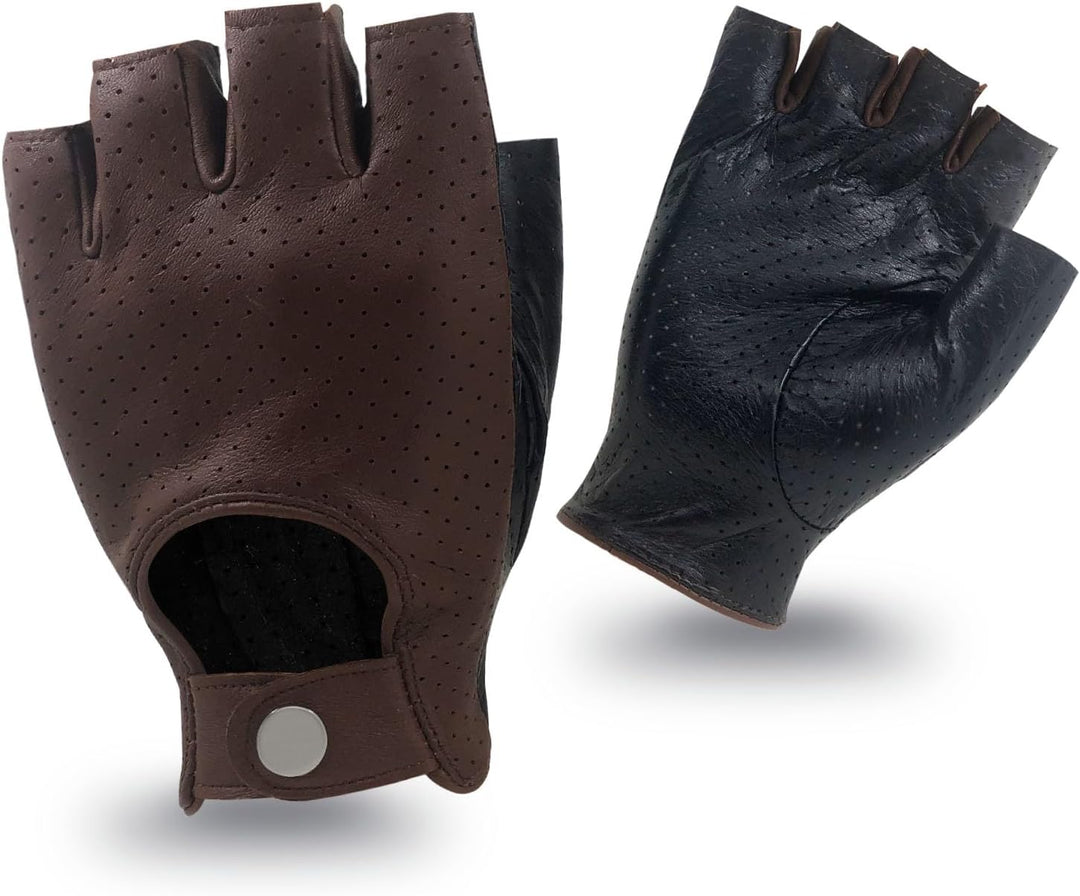 ZLUXURQ Herren-Lederhandschuhe Vollmaschige Fingerlose Halbfinger-Fahrhandschuhe Small-8.5" Schwarz