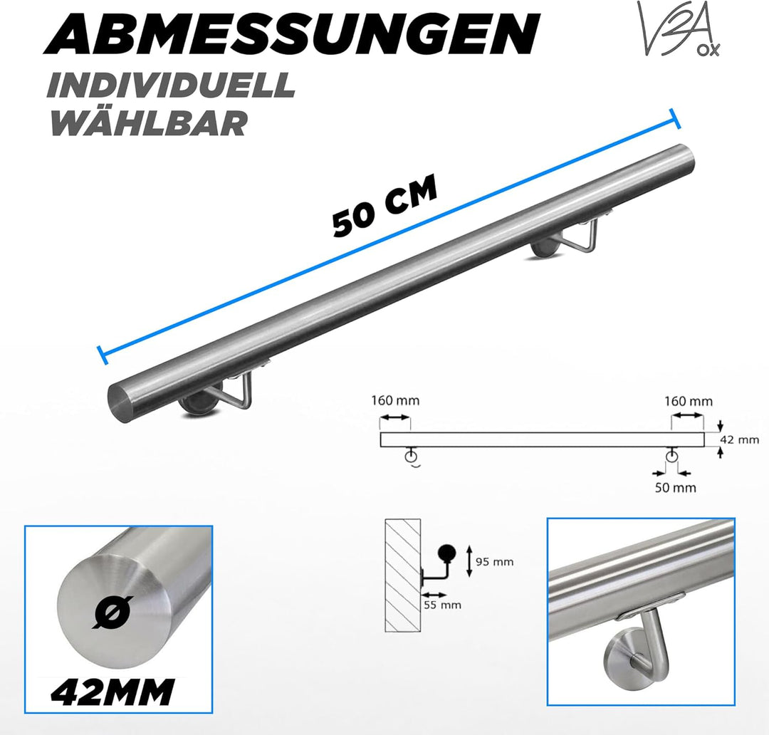 Edelstahl Handlauf Treppengeländer Geländer Wandhandlauf Wand Treppe 40-1000 cm V2Aox, Länge:50 cm,