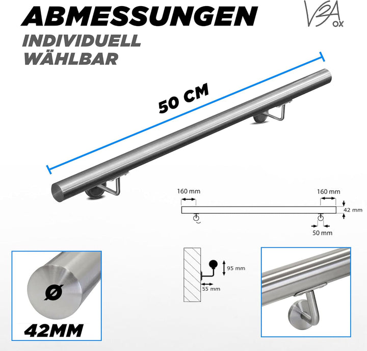 Edelstahl Handlauf Treppengeländer Geländer Wandhandlauf Wand Treppe 40-1000 cm V2Aox, Länge:50 cm,