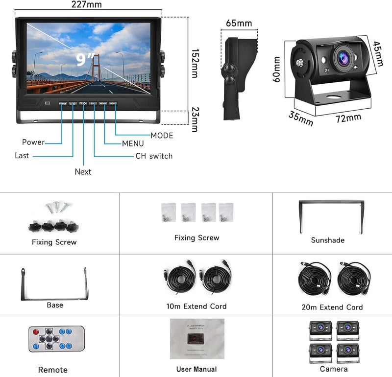 Hodozzy 1080P Rückfahrkamera 4 Kameras mit 9 Zoll DVR 4 Geteilte Monitor, 4 AHD Kameras IP68 Wasserd