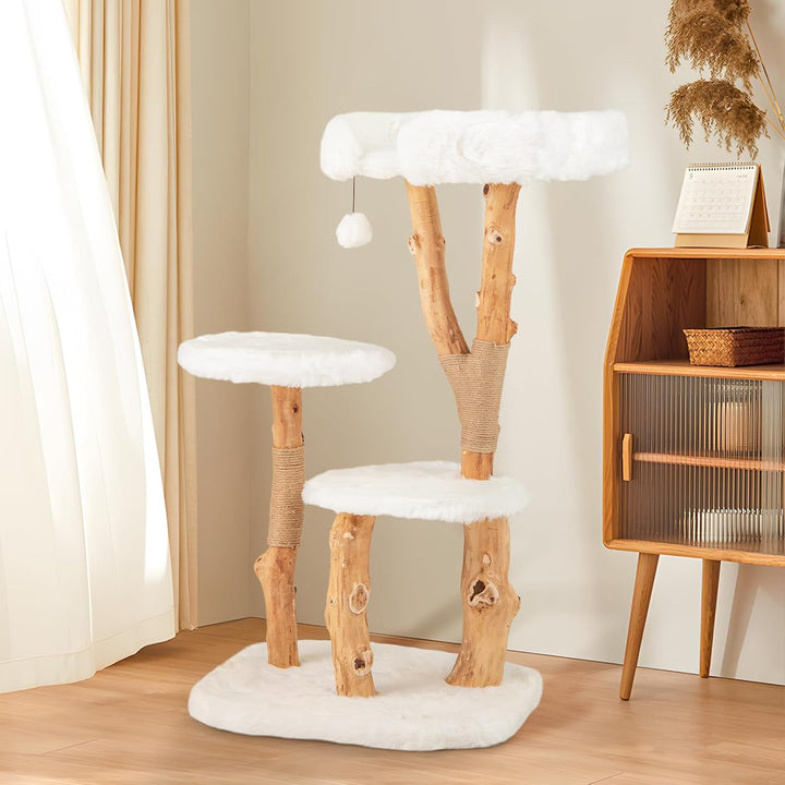 SOARS Kratzbaum Holz, Katzenbaum mit 3 natürlichen Birnbaumstämmen, Katzenbett & Plüschflächen, Katz