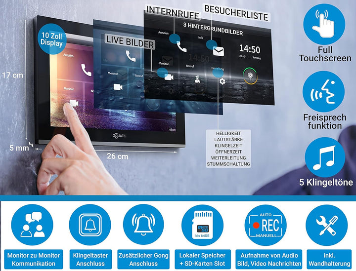Goliath IP - Unterputz Türklingel mit Türöffner | 180° Full HD Kamera | Smartphone App | Touchscreen