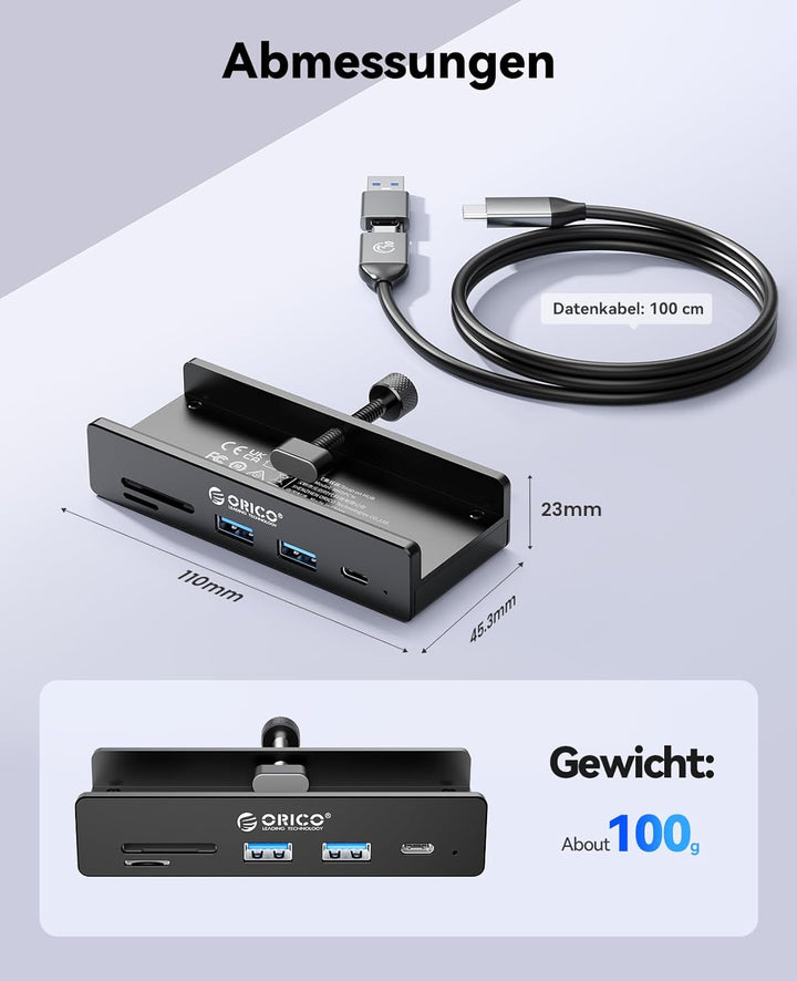 ORICO USB Hub, Aluminum USB3.2 Hub Clip mit USB-C PD 60W Port, 10Gbps 6 Ports USB Verteiler mit 2 Ty