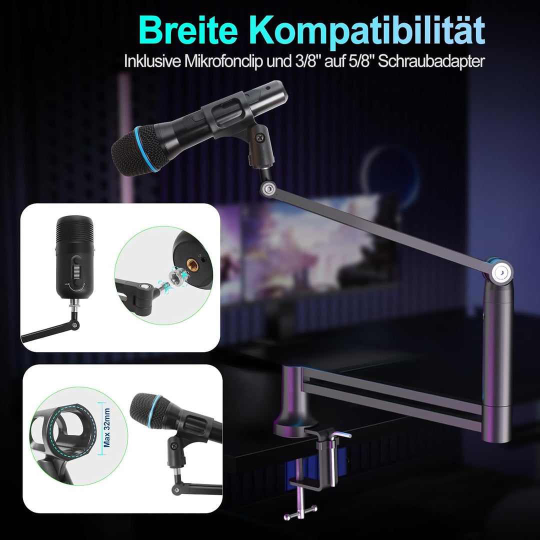 Mikrofonarm Boom Arm, Mikrofon Arm Low Profile für Blue Yeti, 4 Montagemöglichkeiten, Trägt bis zu 1