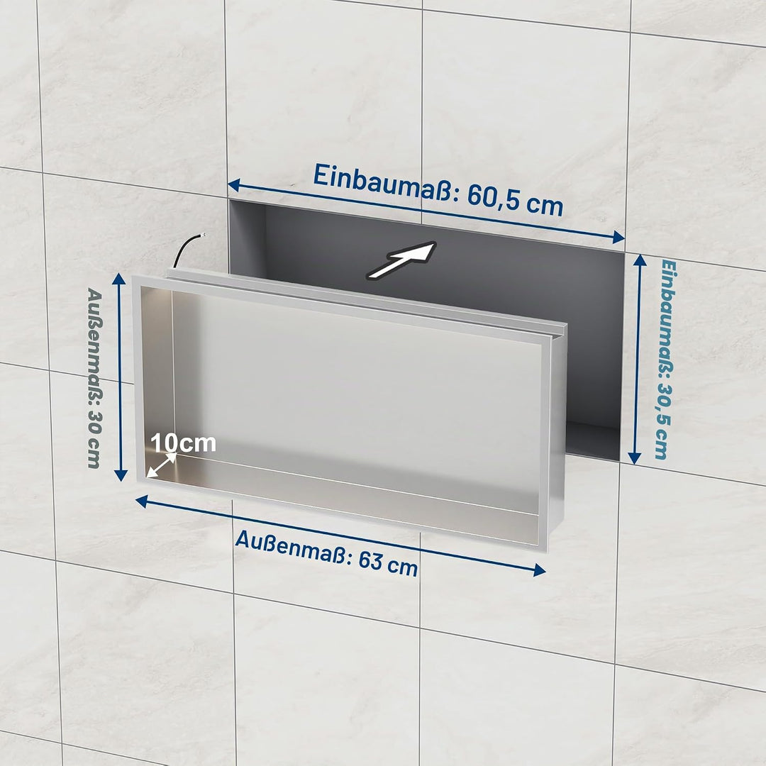 Neohomee Wandnische Dusche Edelstahl mit LED-Licht, Eingebettete Duschnische 60x30cm mit 3 Farben fü