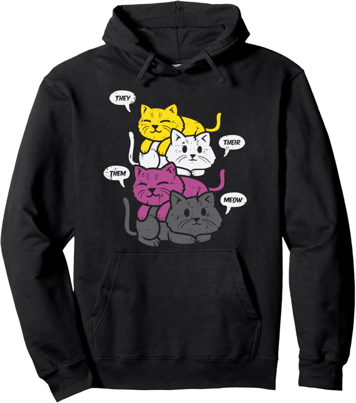 They Their Them Meow Cats Pronouns LGBTQ Non-Binary Flag Pullover Hoodie
