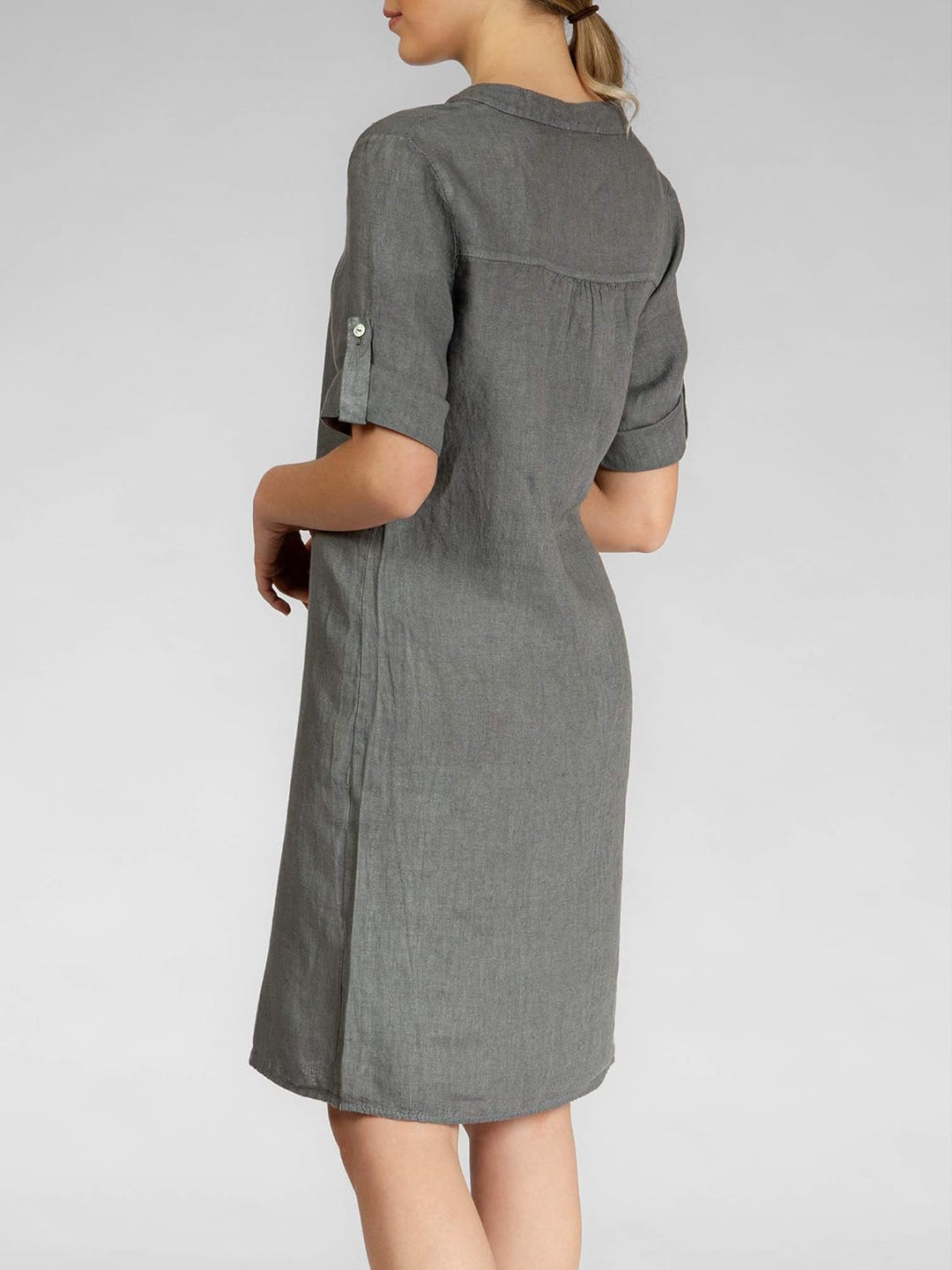 Caspar SKL037 stylisches knielanges Damen Sommer Leinenkleid mit Reissverschluss Ausschnitt 36 Grau,