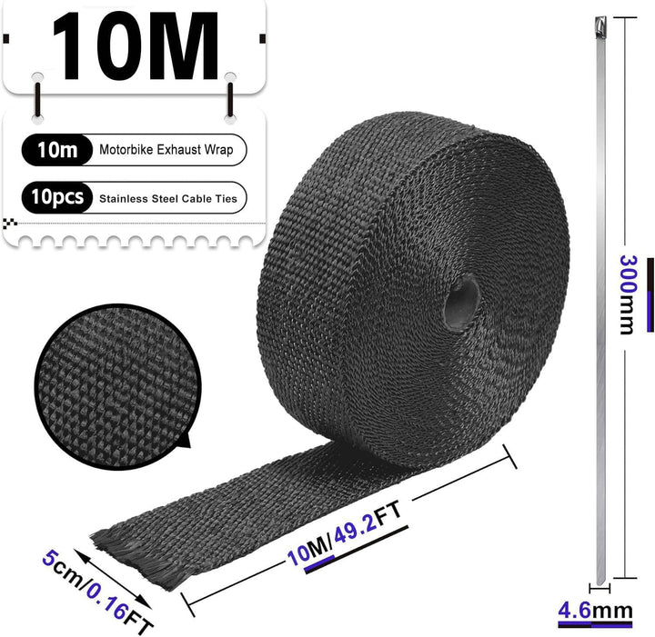 Hitzeschutzband Auspuff, Foneso 10M Hitzeschutzband, Schwarz Hitzeschutzband mit 10 Kabelbinder Edel