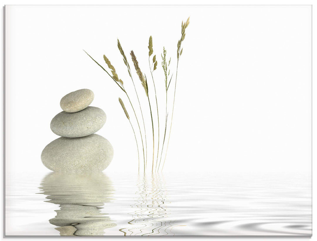 ARTland Glasbilder Wandbild Glas Bild einteilig 80 x 60 cm Weisses Zen Bild mit Steinen, Schilf und