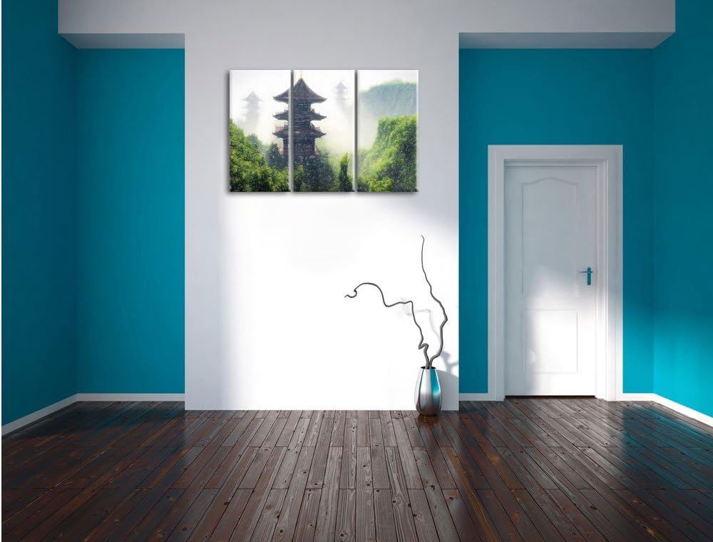 Pixxprint chinesische Häuser Kunst Buntstift Effekt 3-Teiler Leinwandbild 120x80 Bild auf Leinwand