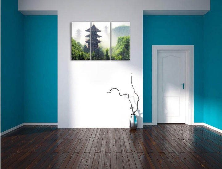 Pixxprint chinesische Häuser Kunst Buntstift Effekt 3-Teiler Leinwandbild 120x80 Bild auf Leinwand