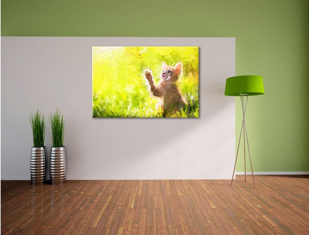 Pixxprint Kätzchen jagt Schmetterling Kunst Pinsel Effekt, Format: 100x70 auf Leinwand, 100x70