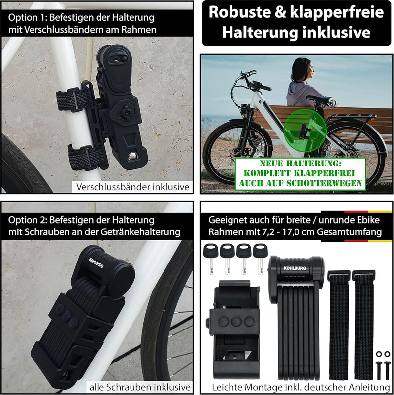 KOHLBURG Sicherheits- Faltschloss - sehr sicheres Fahrradschloss 89cm - Gliederschloss aus gehärtete
