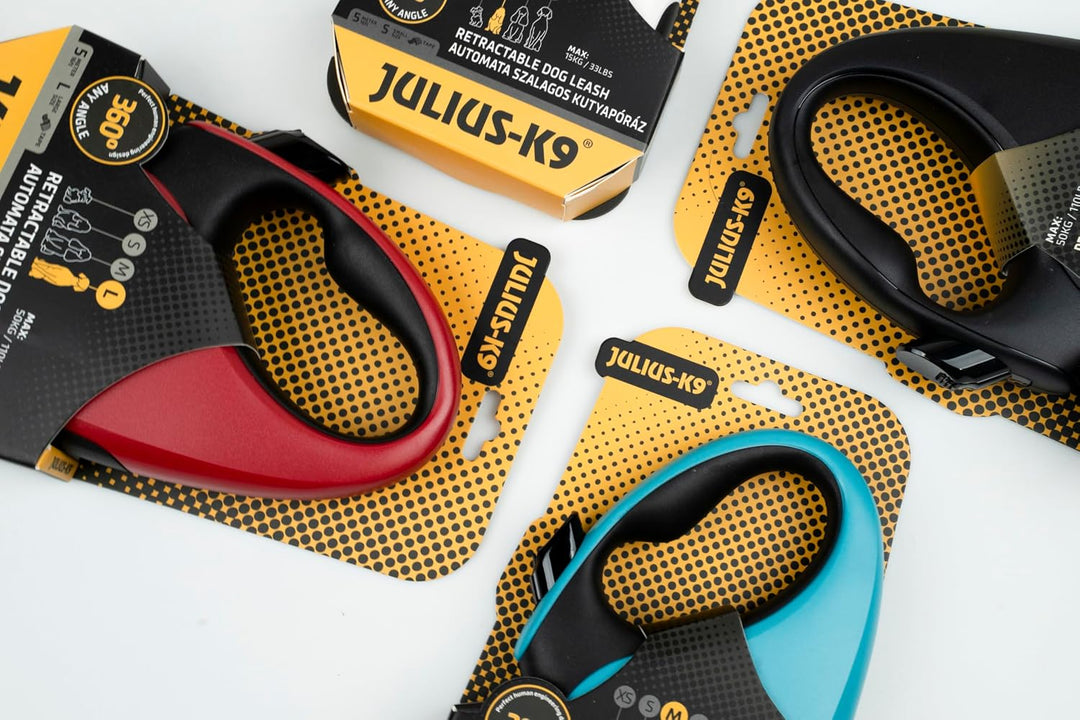 Julius-K9 Rollleine, L - 5 m Band, Schwarz/Neongrün – Rutschfester Griff, Bandleine, ausziehbar, Ein