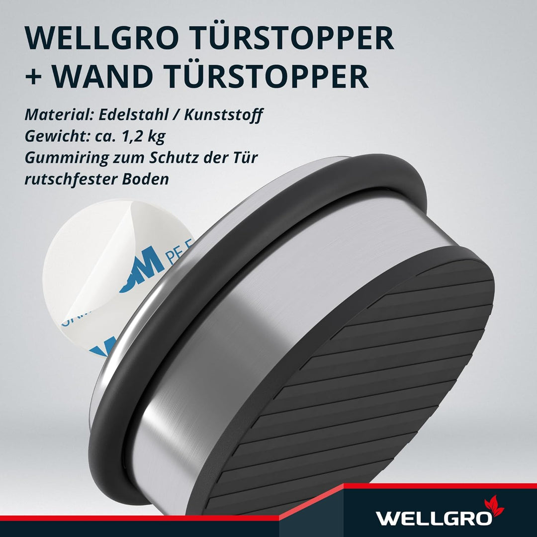 WELLGRO Edelstahl Türstopper 1,2 kg + Wand Türstopper, ohne Bohren, 10 x 4,5 cm (ØxH), rutschfester