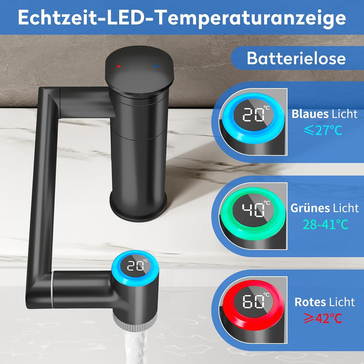 JONKEAN Wasserhahn Bad mit Temperaturanzeige(Batterielos), 1080° Drehbar Einhebelmischer Waschbecken