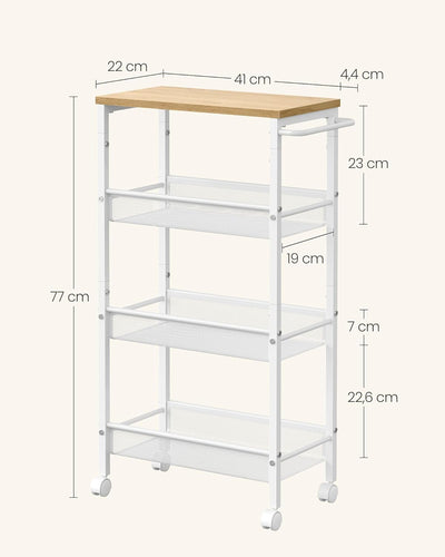VASAGLE Rollwagen 4 Ebenen, Küchenwagen schmal, Nischenregal auf Rollen, Stahl, Griff, für kleine Rä