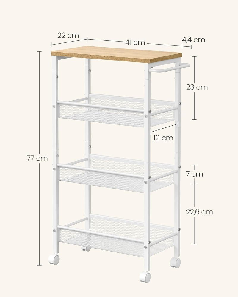 VASAGLE Rollwagen 4 Ebenen, Küchenwagen schmal, Nischenregal auf Rollen, Stahl, Griff, für kleine Rä