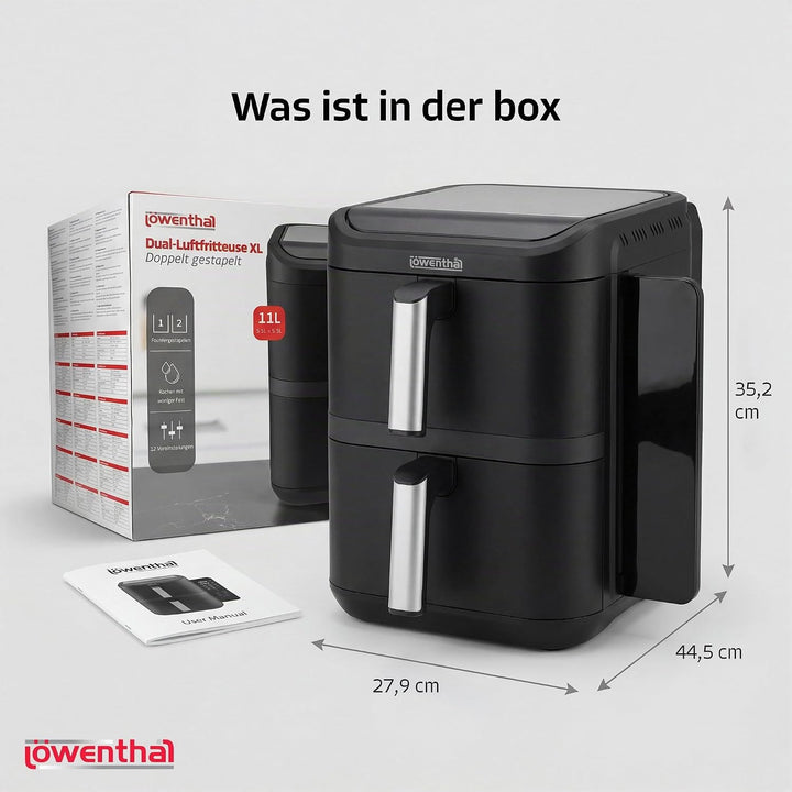 Löwenthal Airfryer XL 11L | Heissluftfritteuse mit Doppelkammer 5.5L + 5.5L | 2800W | Digitales Touc