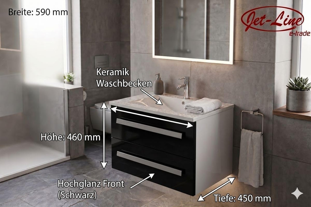 Jet-line Badset Arosa II Waschbecken Waschtisch Badmöbel Soft Close Hochglanz Schwarz, Weiss oder Gr