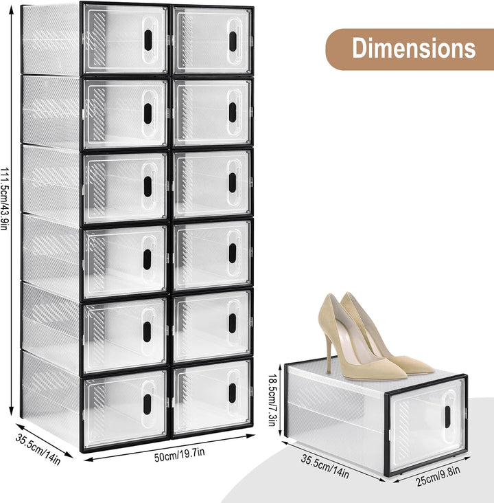 WOLTU Schuhbox stapelbar, 12er Set, Schuhkarton mit magnetischer Tür, Kunststoffbox für Schuhaufbewa