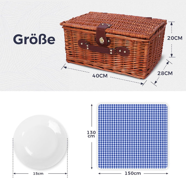 Picknickkorb Set für 4 Person mit Kühlfach und wasserdichte Picknickdecke, Abnehmbarer Riemen, Beste