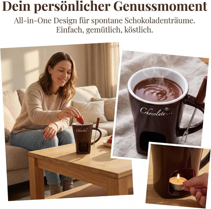 2 Stück Schokofondue Tasse, Käsefondue Set mit Gabel, Keramik Tasse Schoko Fondue, Schokoladenfondue