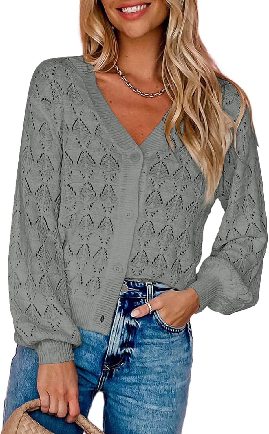 Dokotoo Damen Strickjacke V-Ausschnitt Kurzer Cardigan Elegant Langarm Leichter Strickpullover mit K