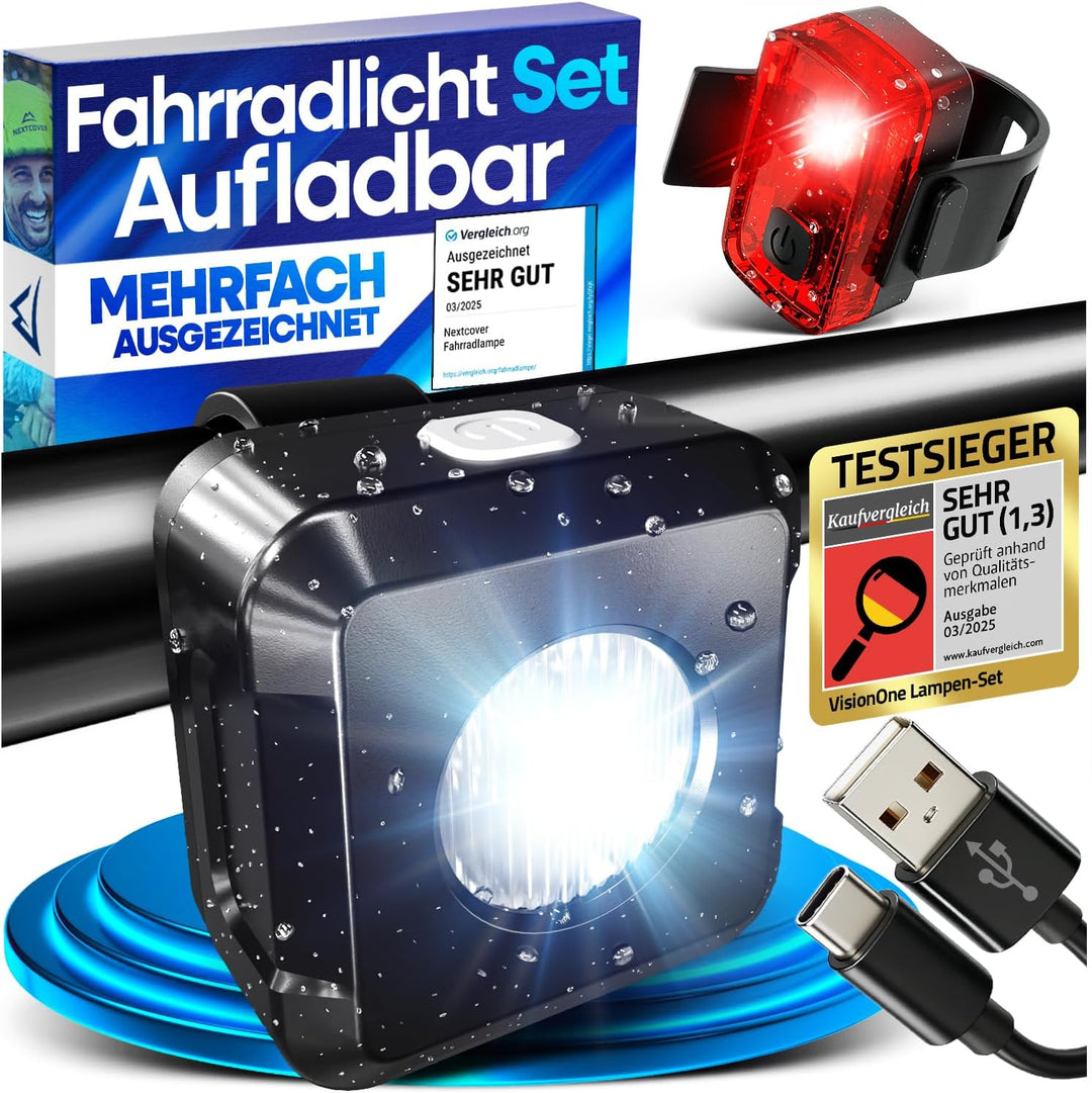 NEXTCOVER® Fahrradlicht Set mit [VisionOne] I LED Set USB-C aufladbar & wasserdicht I StVZO zugelass