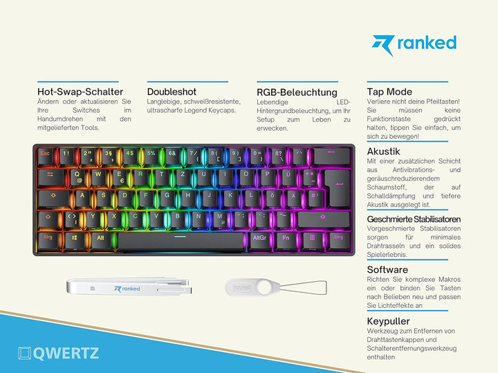 Ranked N60 Nova Mechanische 60 Prozent Tastatur | Hotswap Gaming Keyboard | 62 Programmierbare Taste