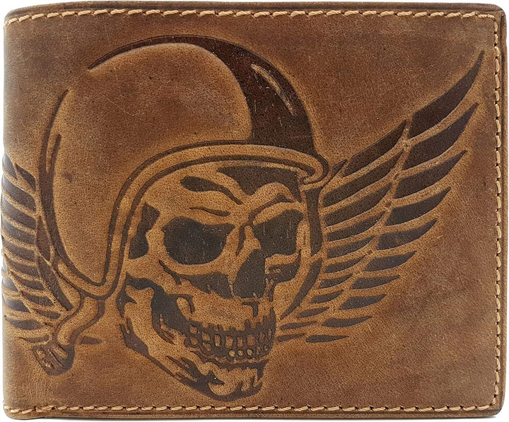 echt Leder Biker Geldbörse quer Hunterleder Portemonnaie Totenkopf Schädel Wing of Hell mit 50cm Ket