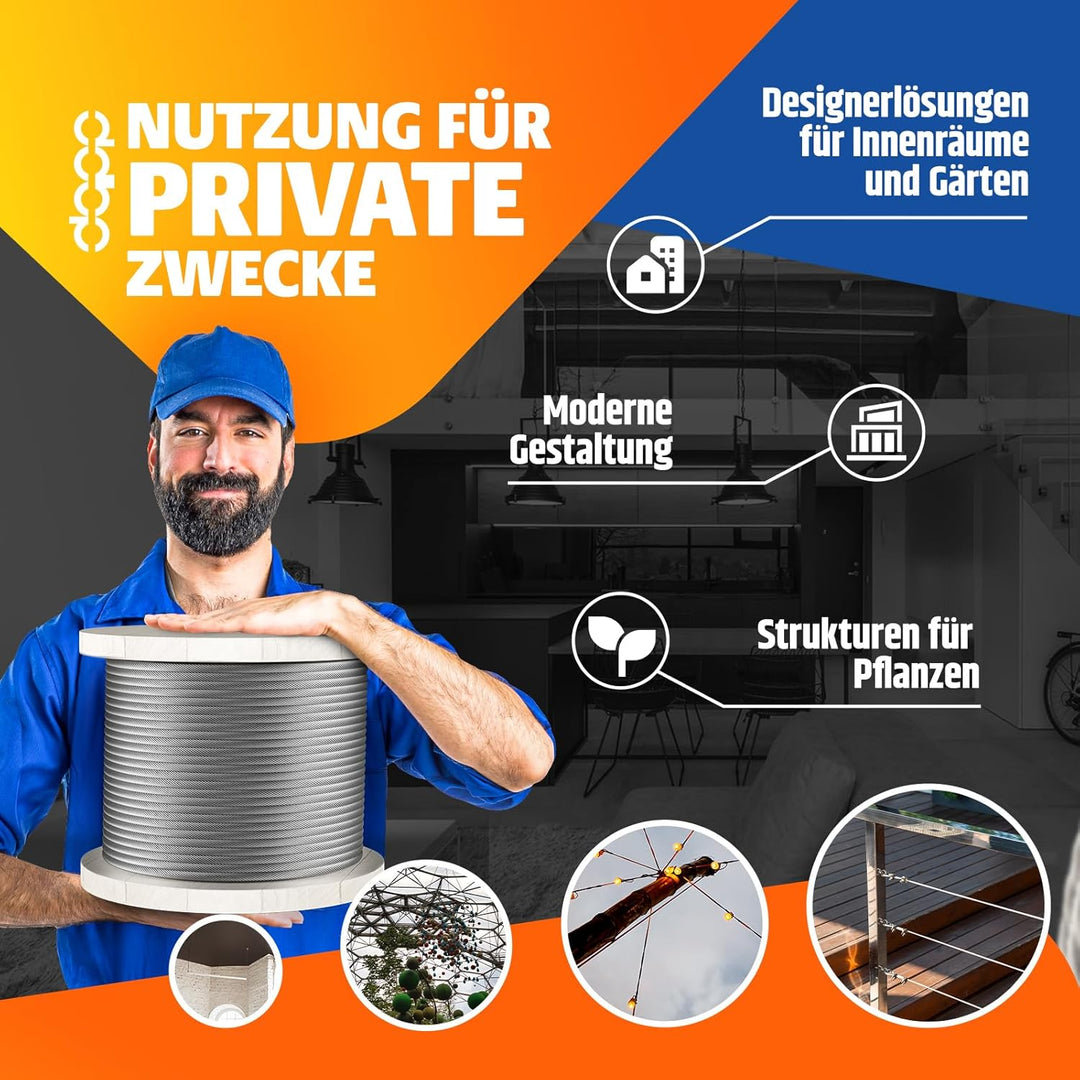 DQ-PP STAHLSEIL | 4mm | 50m | verzinkt | 6x19 weich | Drahtseil für Rankhilfe Seil Stahl Draht Forst