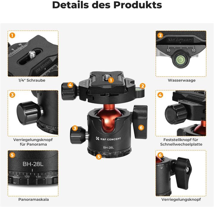 K&F Concept Kugelkopf Stativkopf, Kamera Kugelkopf mit 1/4 Zoll Schnellwechselplatte und Wasserwaage