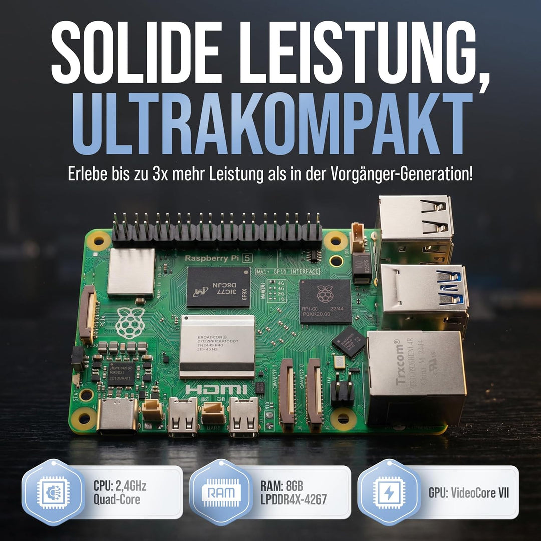Raspberry Pi 5 8GB Starter-Kit | 128GB Edition | Offizielles 27W Netzteil | Offizielles Gehäuse mit